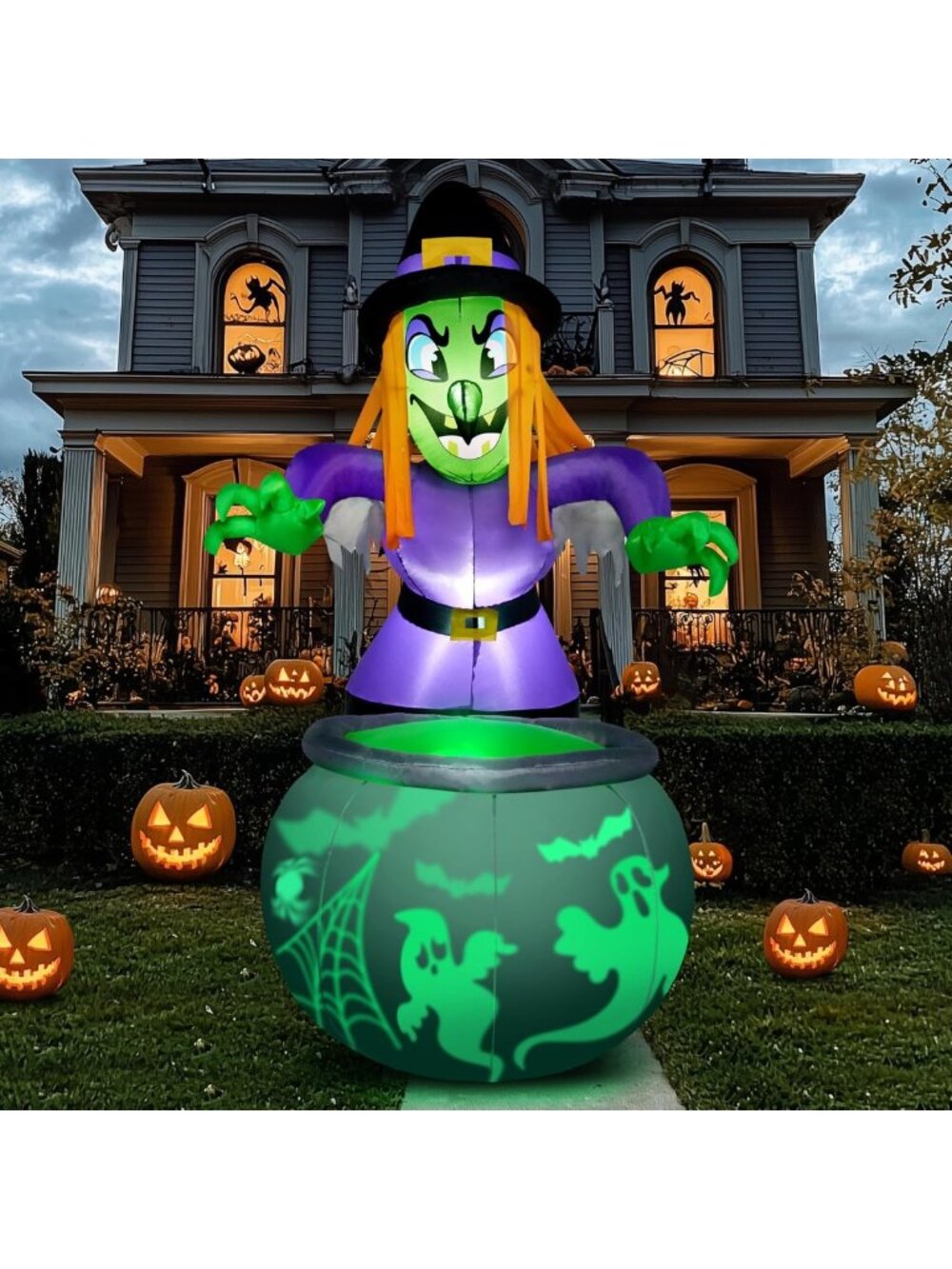 6 Ft Halloween Inflatable Witch & Cauldron with Rotating Ghost Light, LED Yard